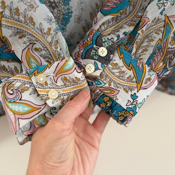 LOFT Paisley Tie Blouse Ruffle Trim Teal Aqua Small - Picture 4 of 11